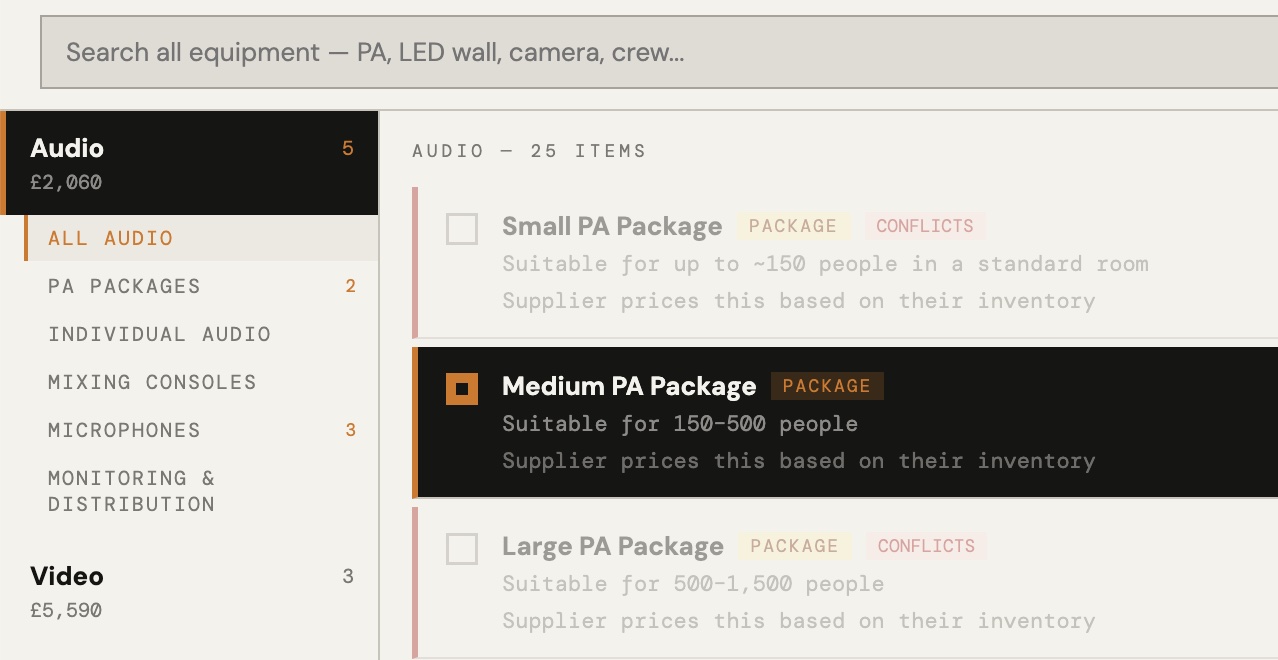 Avarice spec builder showing equipment categories, a live cost total and a 3D stage preview