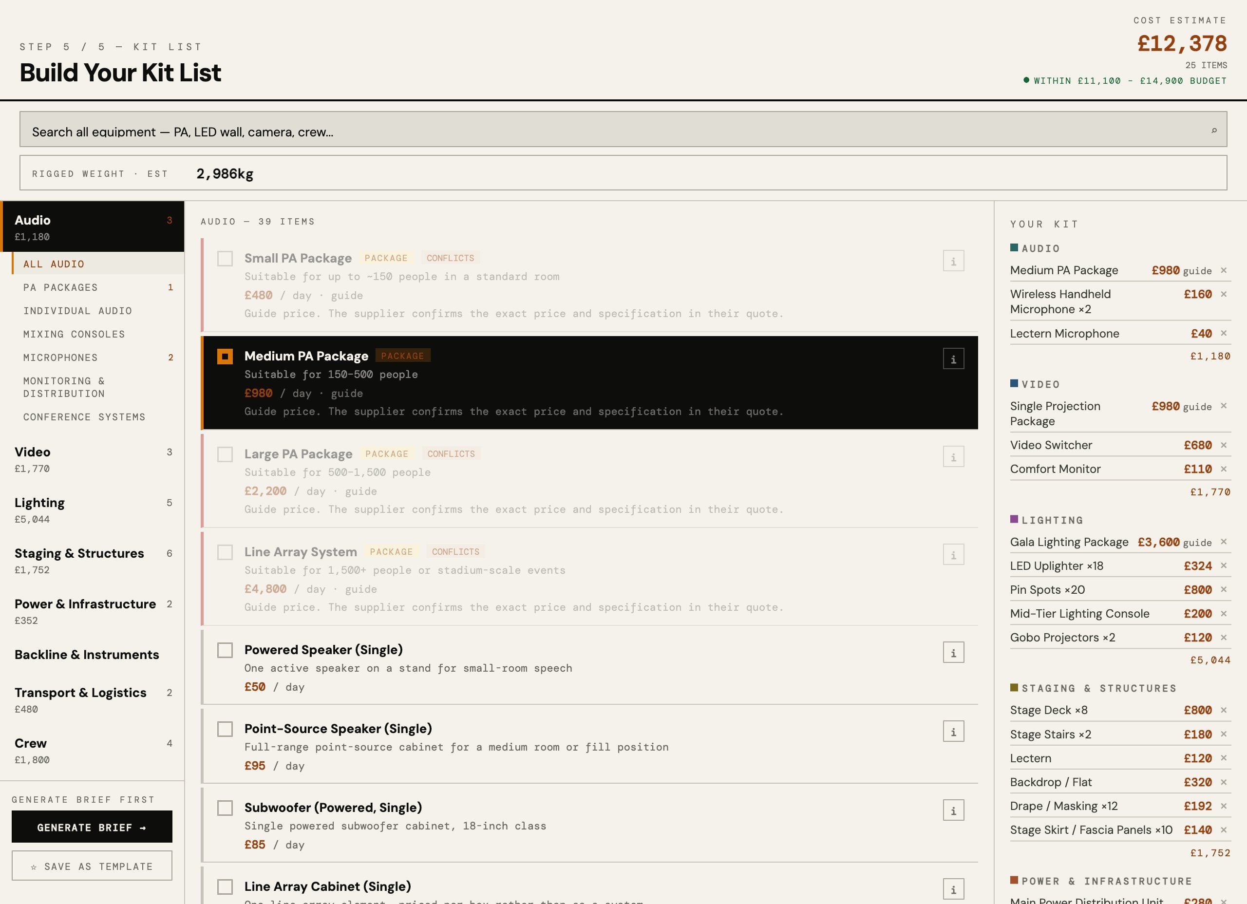Avarice spec builder showing equipment categories and a live cost total